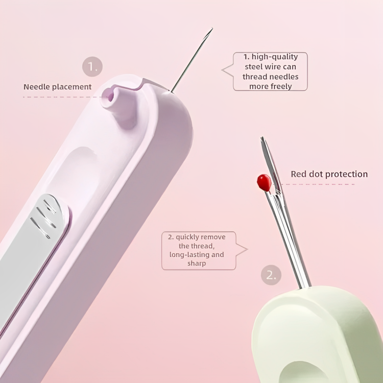 Close-up of the threader's needle seat and the red-tipped seam ripper, with numbered callouts 2