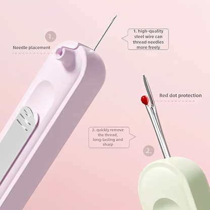 Close-up of the threader's needle seat and the red-tipped seam ripper, with numbered callouts 2