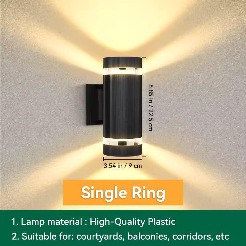 Single-ring cylindrical black sconce with a diagram of its height and diameter and a text panel 13