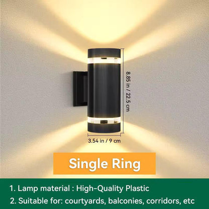 Single-ring cylindrical black sconce with a diagram of its height and diameter and a text panel 13