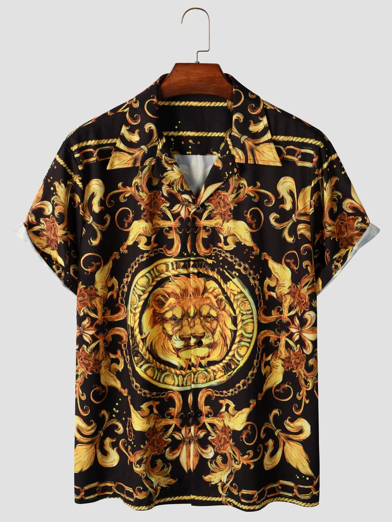 Expressive men's short-sleeved shirt with baroque pattern & lion motif – Dante