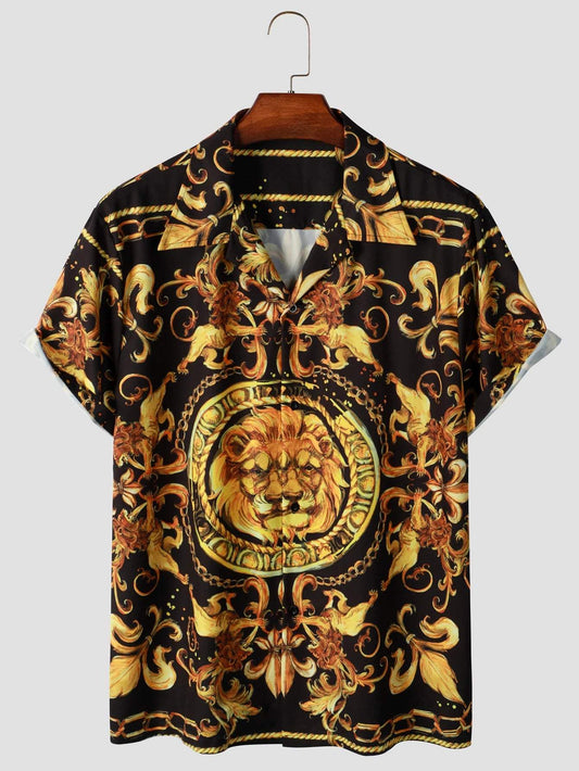 Expressive men's short-sleeved shirt with baroque pattern & lion motif – Dante