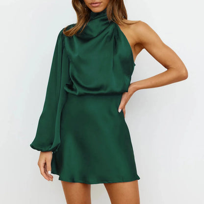 Satin mini dress with one-shoulder design & asymmetrical sleeve – Elvira Autumn Magic Edition