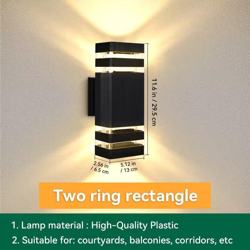Two-ring rectangular black sconce with a size diagram showing height, width and depth 17