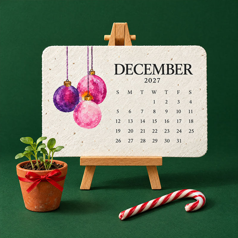 December card with pink and purple baubles on an easel, next to a seedling pot and candy cane 3