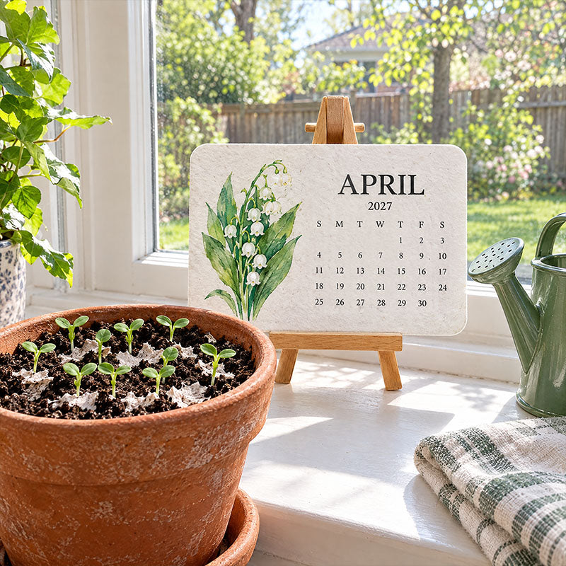 April card with lily of the valley on an easel by a window, beside a pot of sprouting seedlings 11
