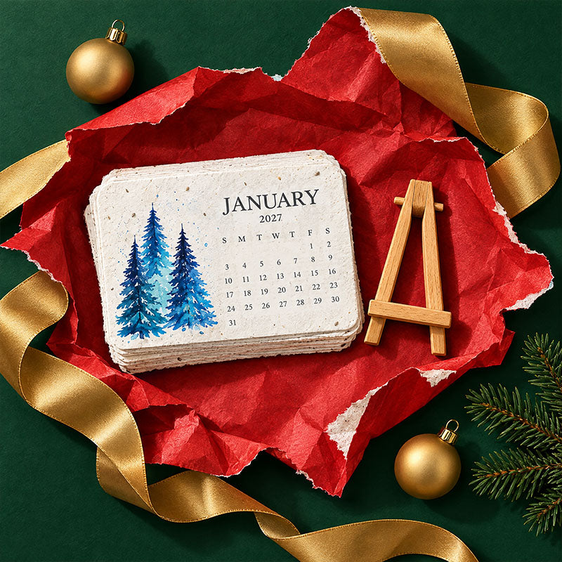 Stack of January fir-tree cards in red tissue paper with a small easel, gold ribbon and baubles 9