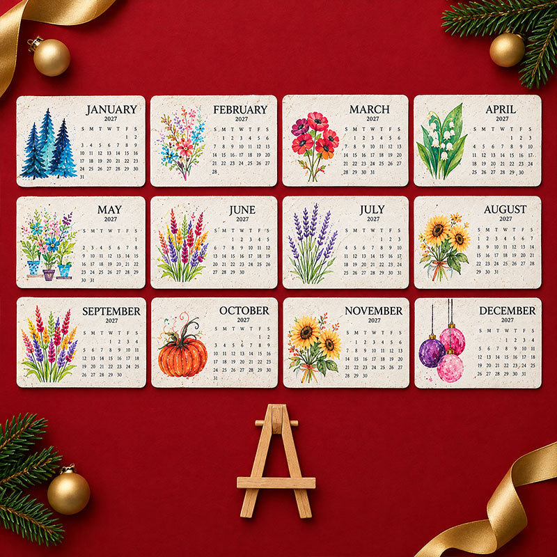 All twelve monthly cards laid out in three rows, each with its own watercolour illustration, above a small easel 10