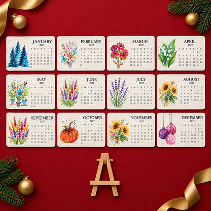 All twelve monthly cards laid out in three rows, each with its own watercolour illustration, above a small easel 10