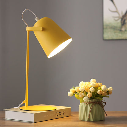 Lit yellow lamp on a stack of books beside a vase of roses, with a framed picture behind. 7