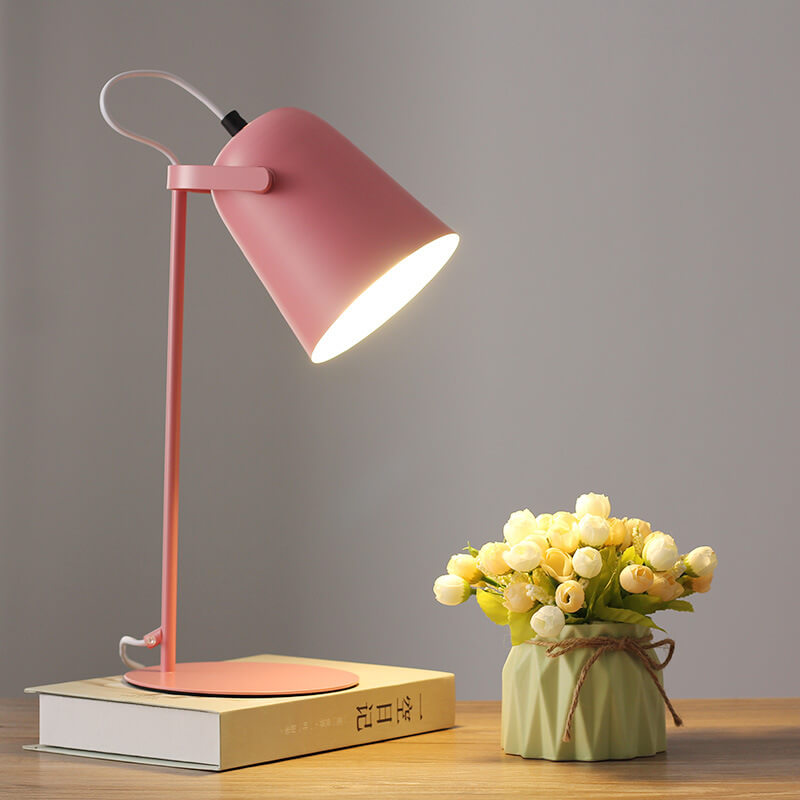 Pink version of the lamp switched on, standing on a book next to a vase of cream roses. 8