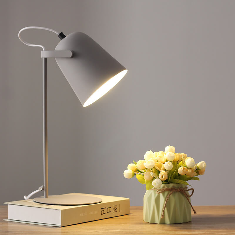 Light grey version of the lamp lit on a book, with a vase of roses tied with twine. 10