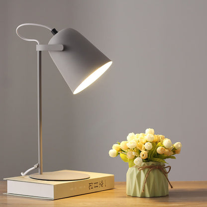 Light grey version of the lamp lit on a book, with a vase of roses tied with twine. 10