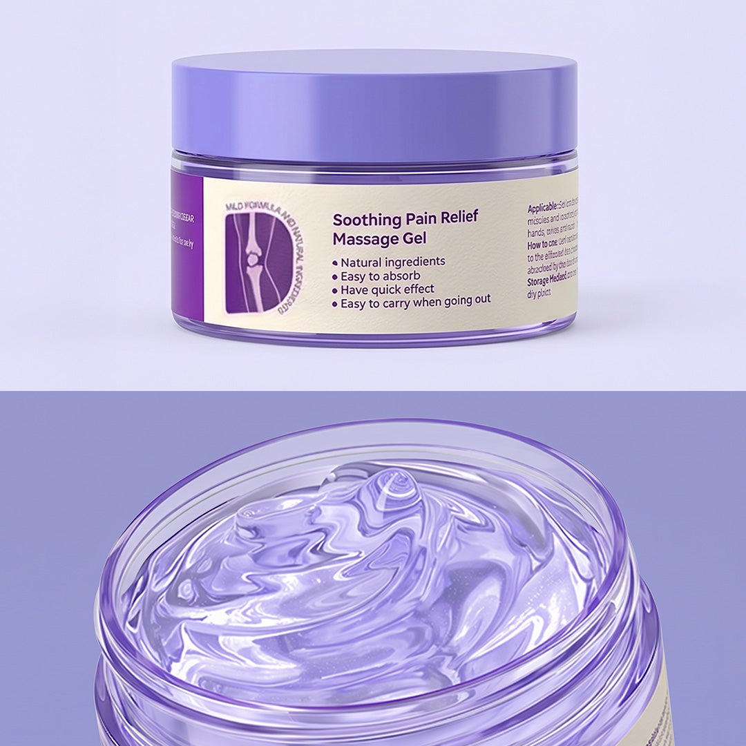 Closed purple-lidded tub with cream label above a close-up of the swirled lilac gel 2