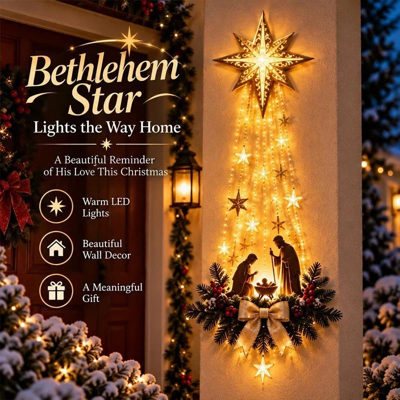 Glowing star with cascading light strands and nativity scene on a porch wall at dusk 1