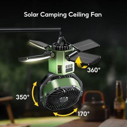 Solar Camping Fan with 6000mAh Battery, LED Light & 4-Speed Cooling – SunBreeze