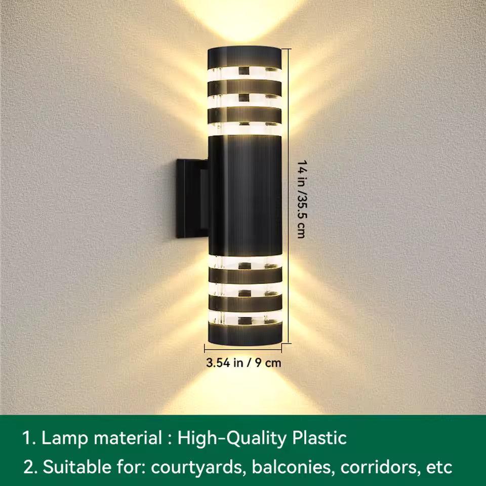 Triple-ring cylindrical black sconce with a diagram of its height and diameter and a text panel 15