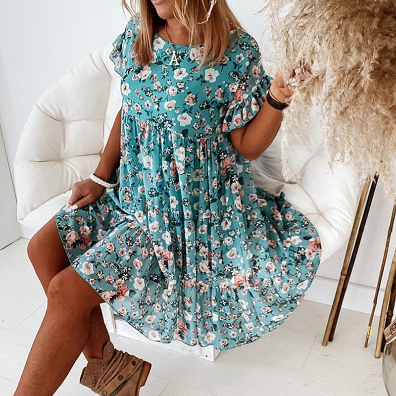 Boho floral dress with ruffles and fitted waist – Calista
