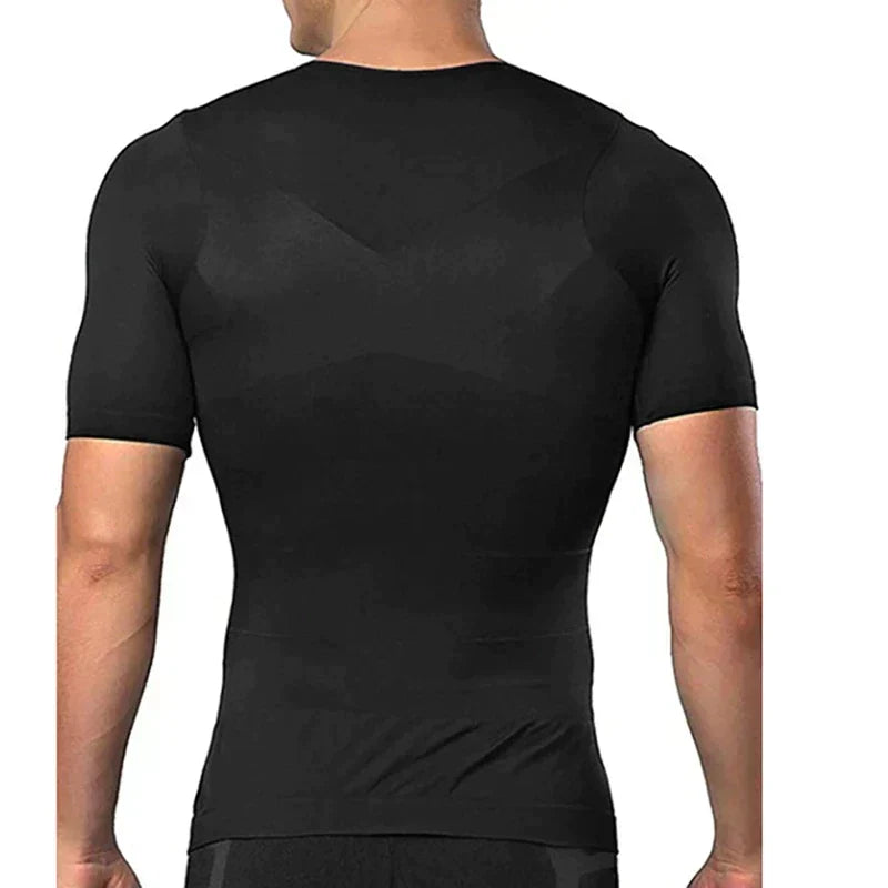 Back view of a man wearing the black compression top, showing the smooth fit across the shoulders and upper back. 5