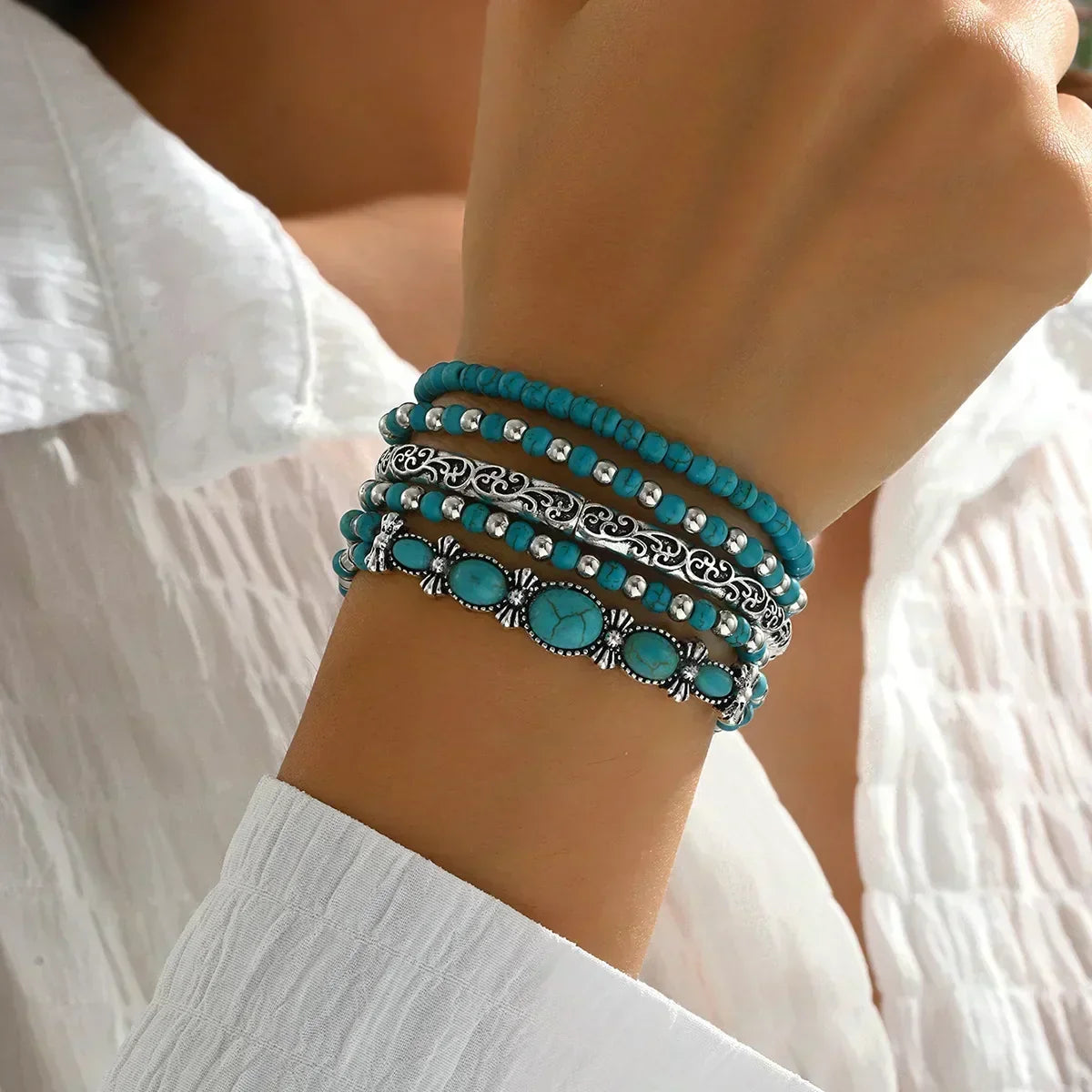 Bohemian Bracelet Set – 5-Piece Turquoise Beaded Stack 2