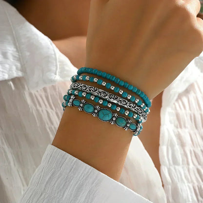 Bohemian Bracelet Set – 5-Piece Turquoise Beaded Stack 2
