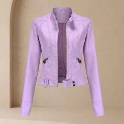 Lilac jacket unzipped and displayed against a soft beige arched backdrop, front view 8