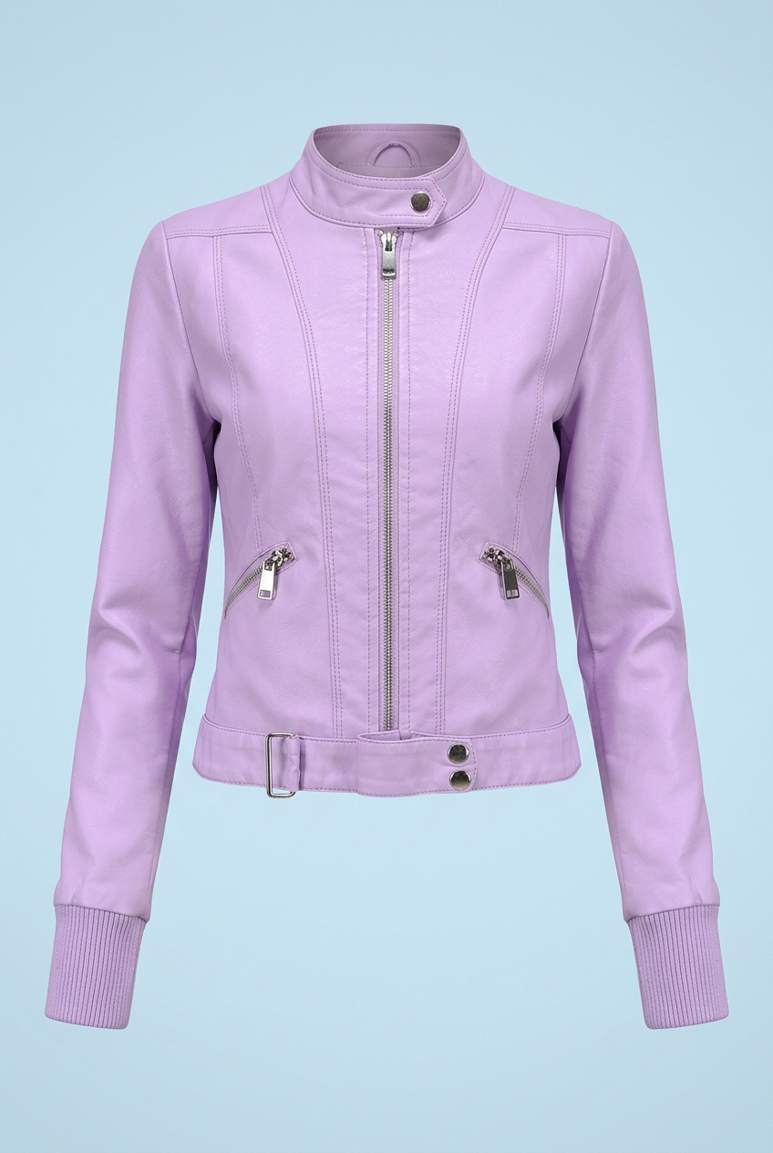 Lilac jacket front view, zipped up, with ribbed cuffs, slanted zip pockets and belted hem 4