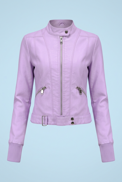 Lilac jacket front view, zipped up, with ribbed cuffs, slanted zip pockets and belted hem 4
