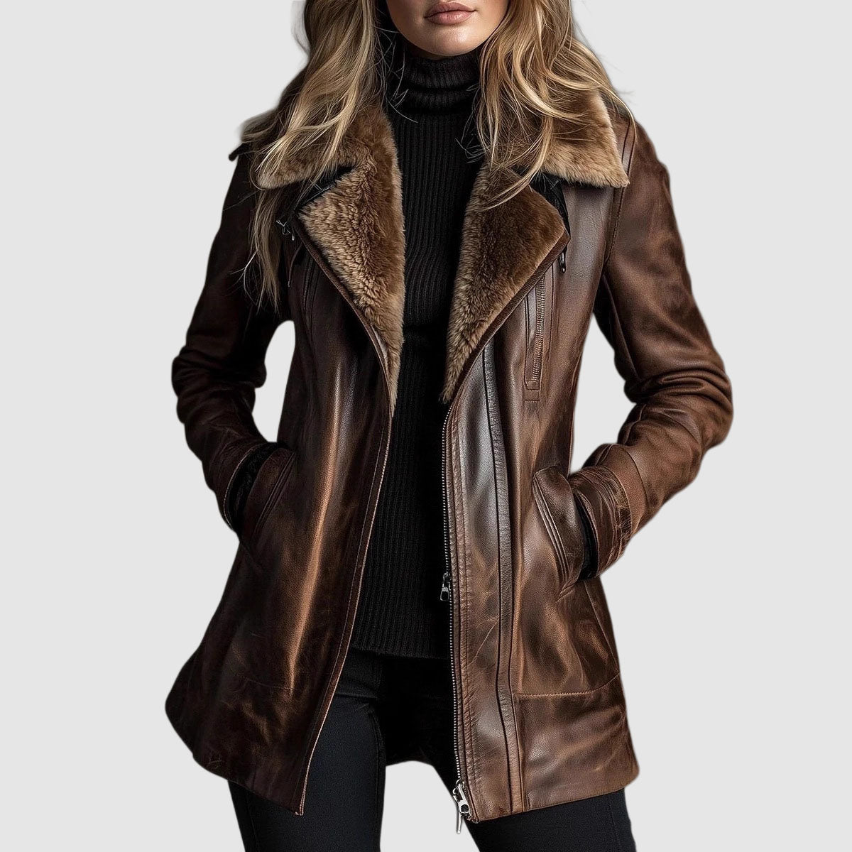 Front view of the brown leather jacket worn open over a black roll-neck, hands in pockets 1