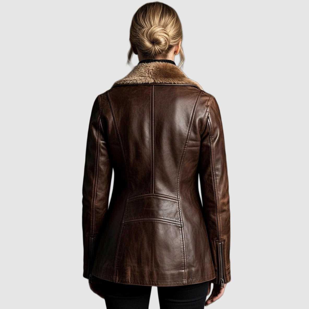 Back view of the brown leather jacket on a model with hair in a bun, showing panelled seams and zipped cuffs 2