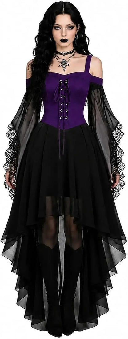 Model wearing the version with a purple lace-up bodice, black lace-trimmed sheer sleeves and layered black skirt 6