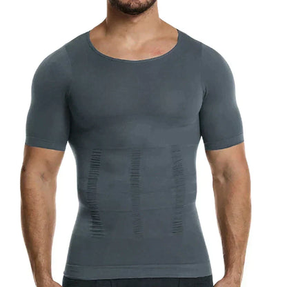 Man wearing the grey compression top, front view, showing the close fit and ruched shaping lines down the stomach. 6