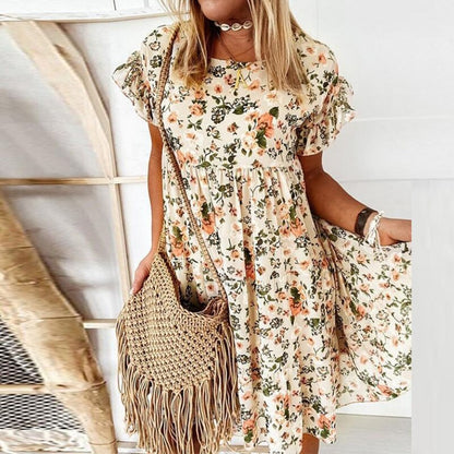 Boho floral dress with ruffles and fitted waist – Calista