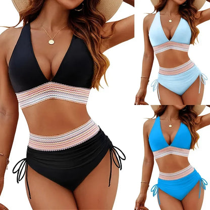 Collage of three models wearing the halter set in black, light blue and bright blue 2