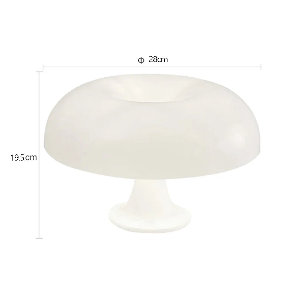 White lamp shown on a plain background with dimension lines marking a 28cm shade diameter and 19.5cm overall height. 8