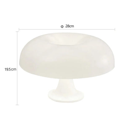 White lamp shown on a plain background with dimension lines marking a 28cm shade diameter and 19.5cm overall height. 8