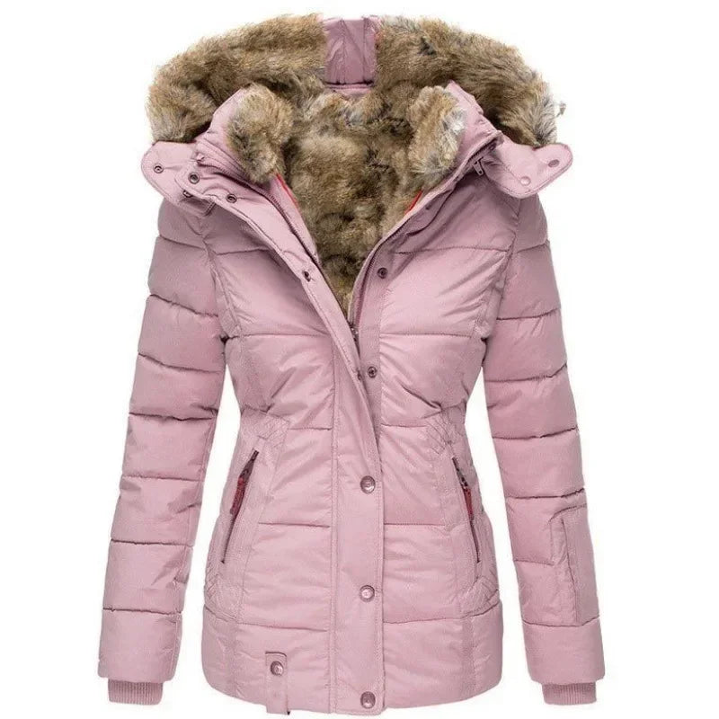 Second front view of the pink quilted parka, showing the faux fur-lined hood, waist seams and ribbed cuffs. 8