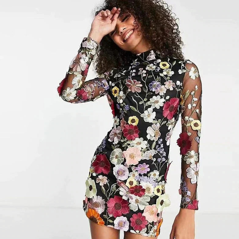 Autumn floral cocktail dress with lace – Aurelia