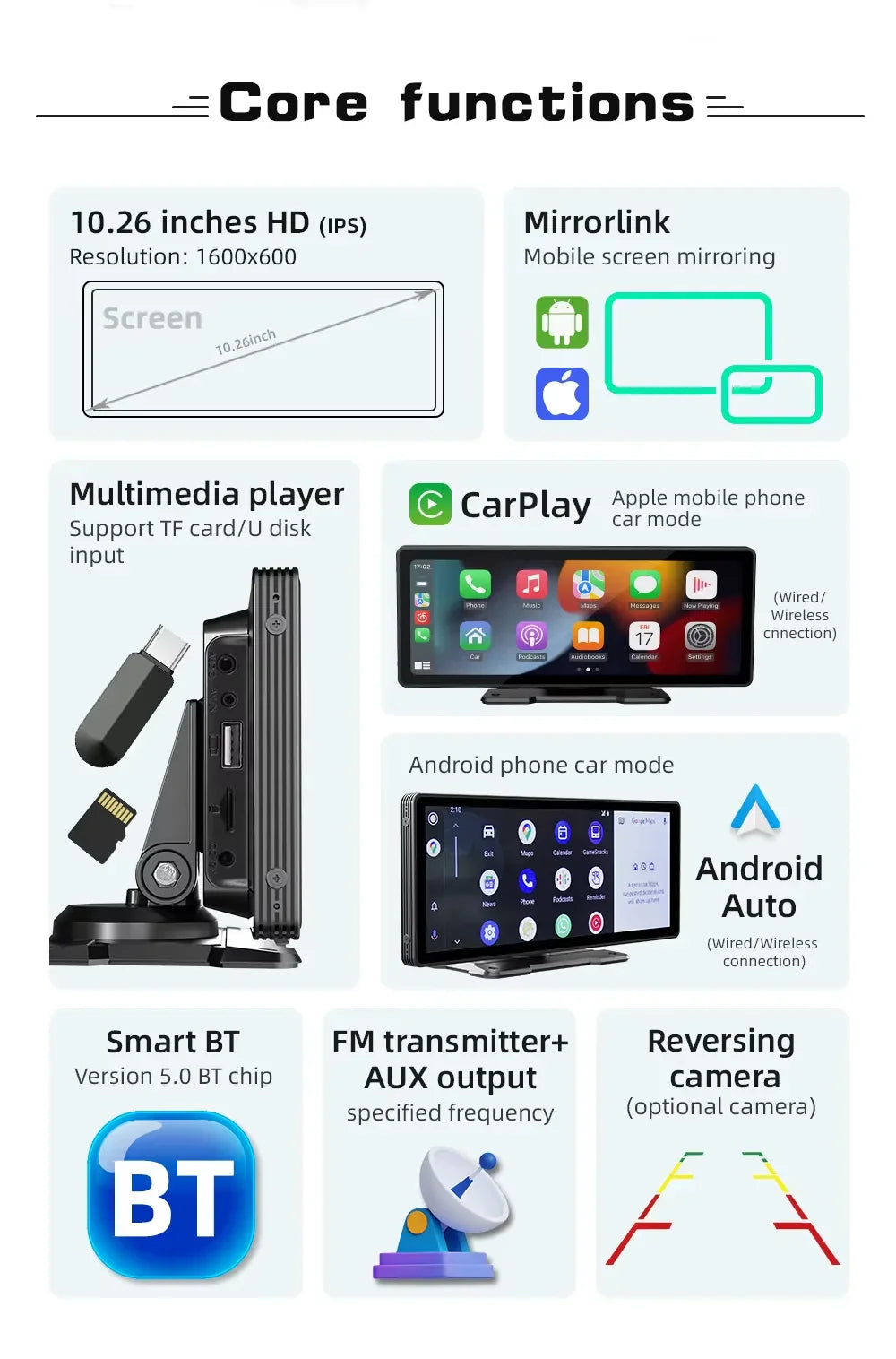 Universal 10.26-Inch Car Multimedia Player with Wireless CarPlay and Android Auto