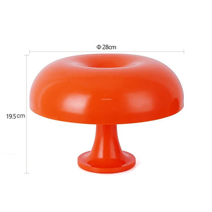 Orange lamp on a plain background with dimension lines marking a 28cm shade diameter and 19.5cm overall height. 9
