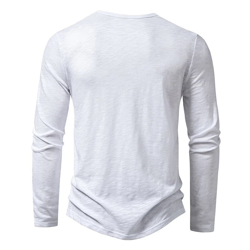 Back view of the white long-sleeved Henley, showing the plain back and round neckline. 11