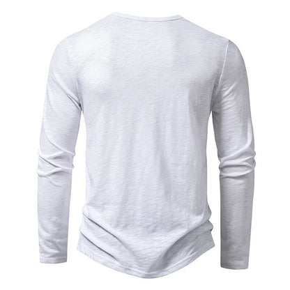Back view of the white long-sleeved Henley, showing the plain back and round neckline. 11