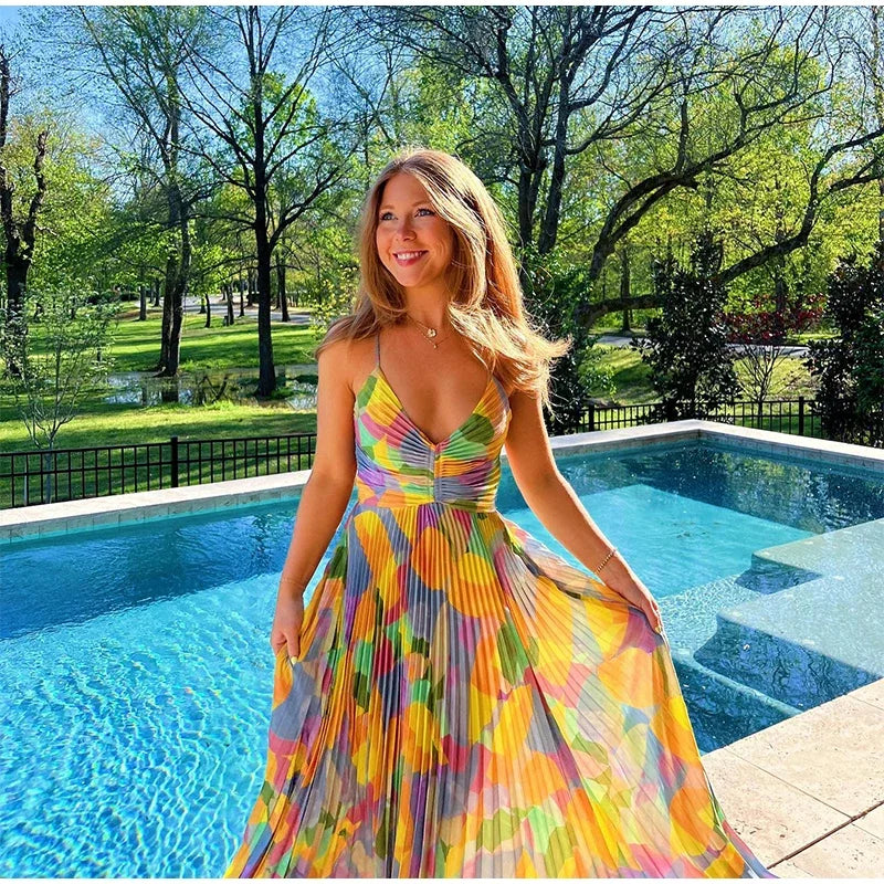 Printed summer dress with plunging neckline and bow detail – Vivienne