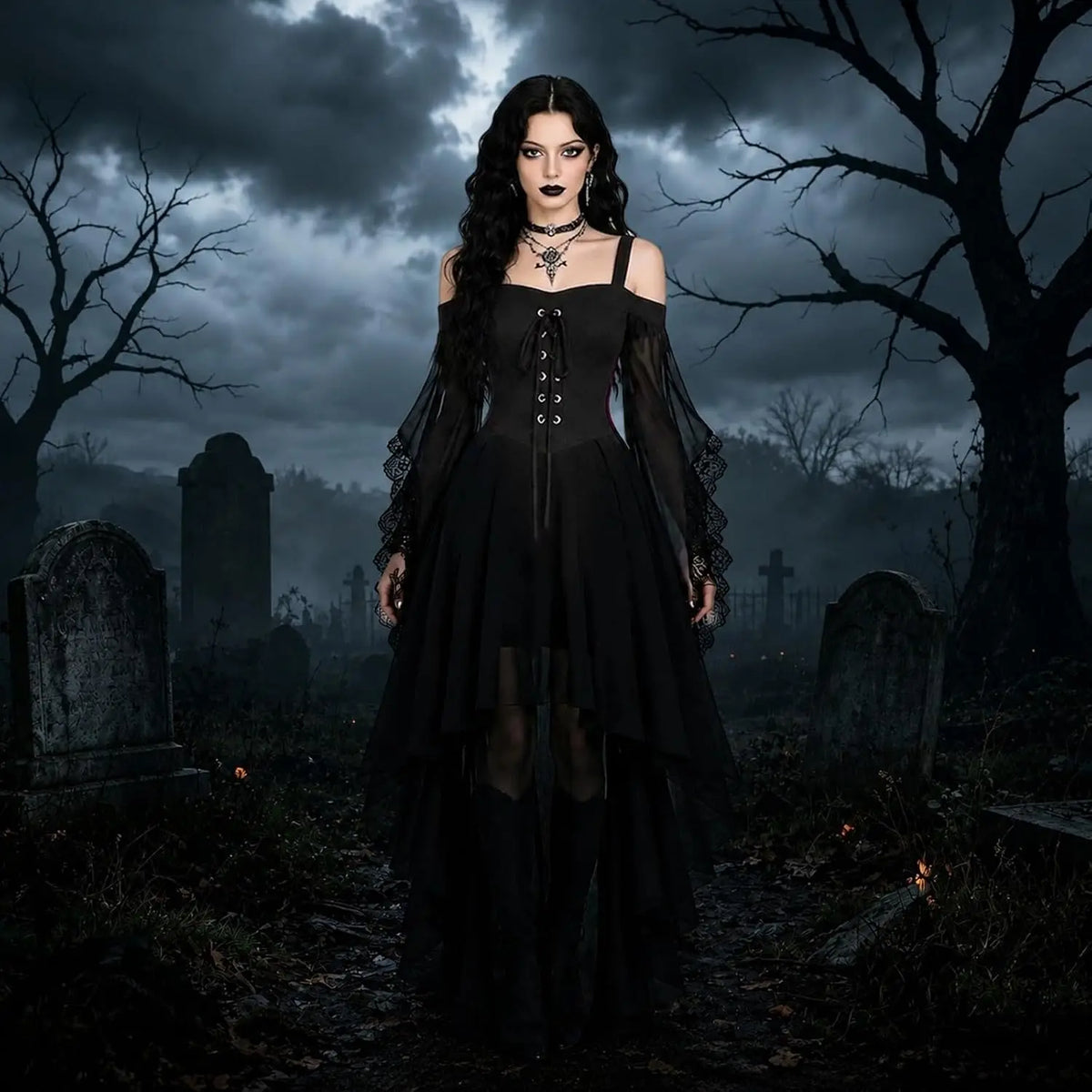 Model wearing the black dress in a moonlit graveyard, with lace-up bodice, bell sleeves and long sheer hem 4