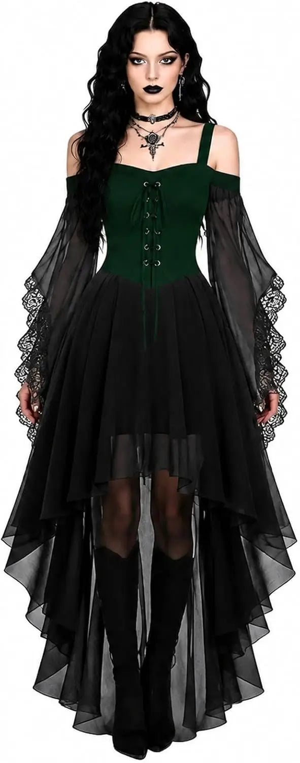 Model wearing the version with a dark green lace-up bodice, black lace-trimmed sleeves and flowing black skirt 9