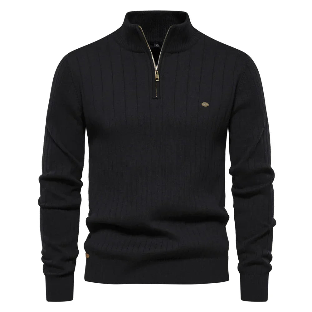 Men's cotton knit sweater with zipper & stand-up collar – Ardel