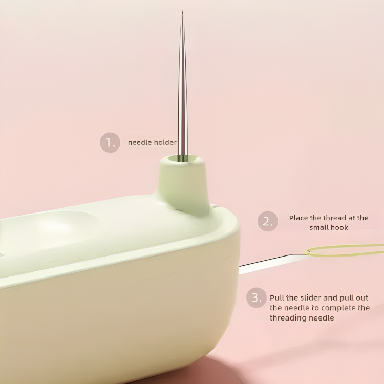Side view of the needle holder with a needle upright and thread placed at the small hook 3