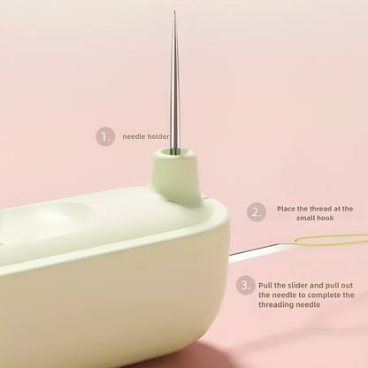 Side view of the needle holder with a needle upright and thread placed at the small hook 3