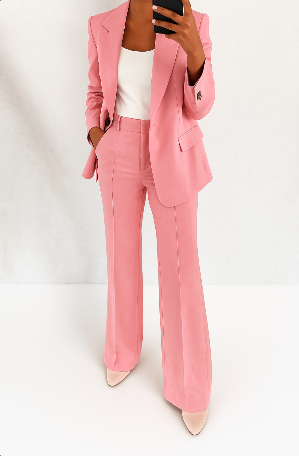 Full-length view of the pink suit worn by a model with a white top and pale heels 5