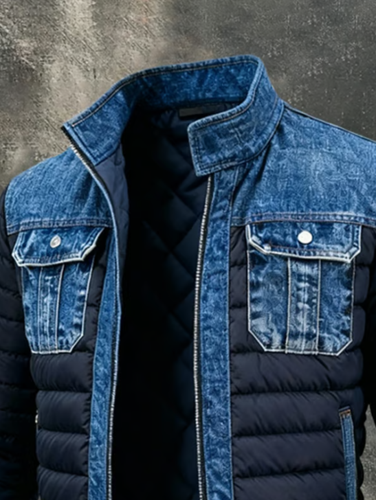 Close-up of the stand collar, denim chest pockets with snap buttons and diamond-quilted lining 2